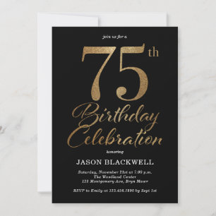 75th Birthday Party Black & Gold Invitation