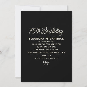 75th Birthday Party Black White Pearl Script Bow Invitation