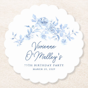 75th Birthday Party Blue Rose Floral Custom Paper Coaster
