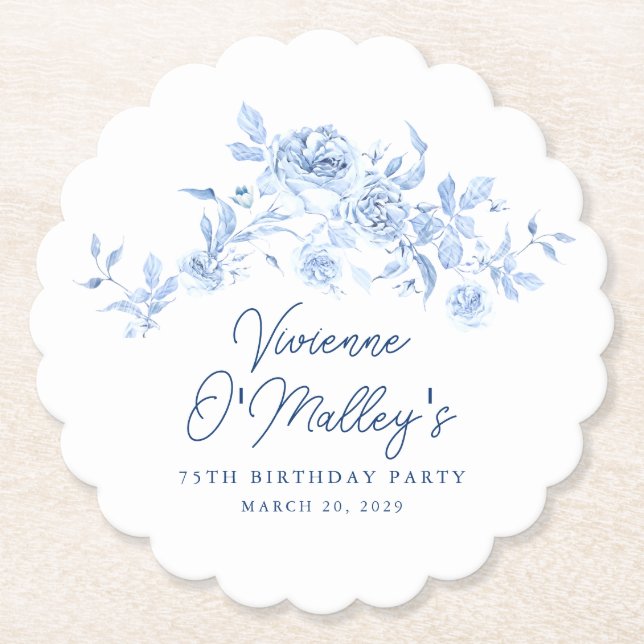 75th Birthday Party Blue Rose Floral Custom Paper Coaster (Front)