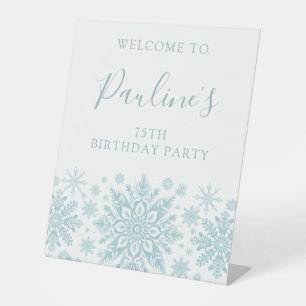 75th Birthday Party Blue White Snowflake Welcome  Pedestal Sign
