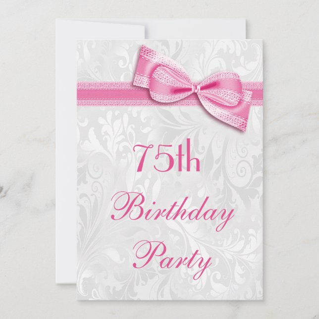 75th Birthday Party Damask and Pink Faux Bow Invitation (Front)