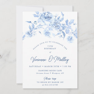 75th Birthday Party Dusty Blue Floral Invitation