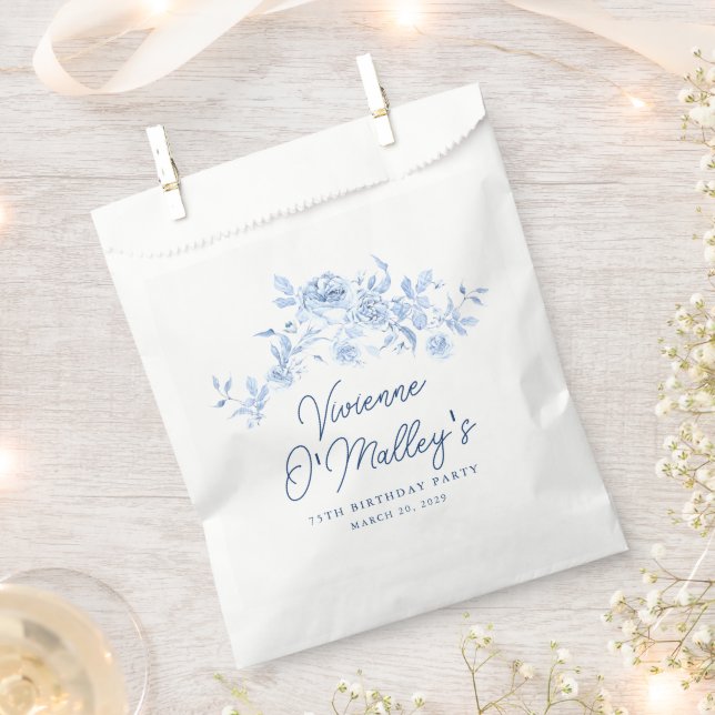 75th Birthday Party Dusty Blue Rose Floral Custom Favour Bag (Clipped)
