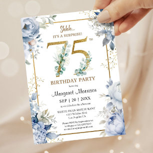75th Birthday Party Elegant Dusty Blue Floral Invitation