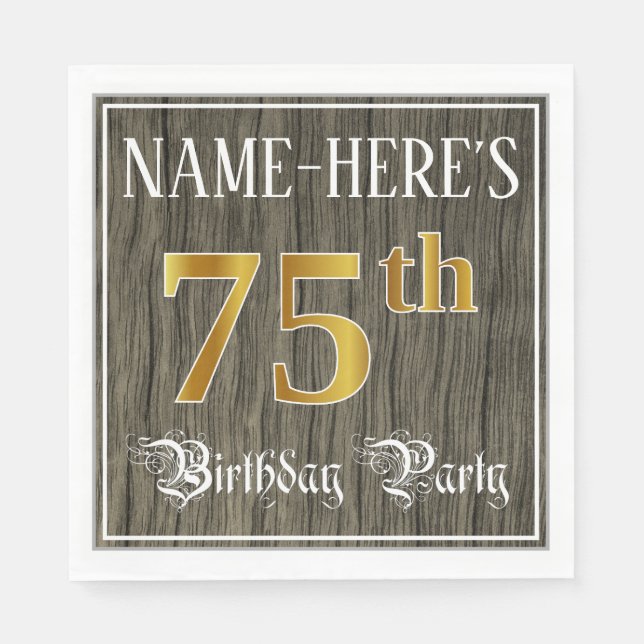 75th Birthday Party — Faux Gold & Faux Wood Looks Napkin (Front)