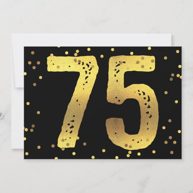 75th Birthday Party Faux Gold Foil Confetti Black Invitation (Front)
