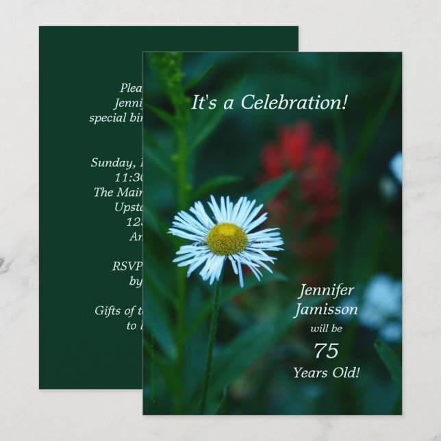 75th Birthday Party Floral White Daisy Flower Invitation (Front/Back)