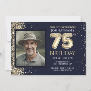 75th Birthday Party Gold Glitter Blue Photo Invitation