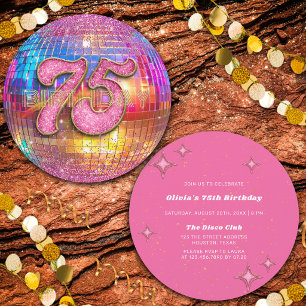 75th Birthday Party Gold Pink Glitter Disco Ball Invitation