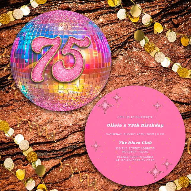 75th Birthday Party Gold Pink Glitter Disco Ball Invitation (Front/Back)