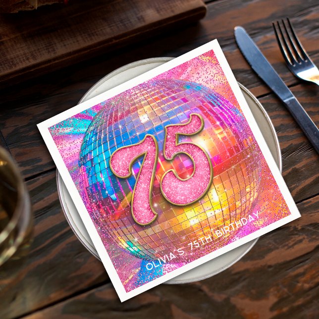 75th Birthday Party Gold Pink Glitter Disco Ball Napkin (Creator Uploaded)