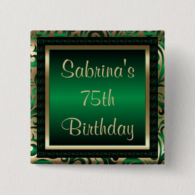 75th Birthday Party | Green Metallic & Gold 15 Cm Square Badge (Front)