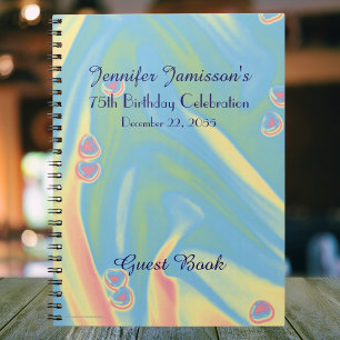 75th Birthday Party Guest Book, Blue with Hearts Notebook