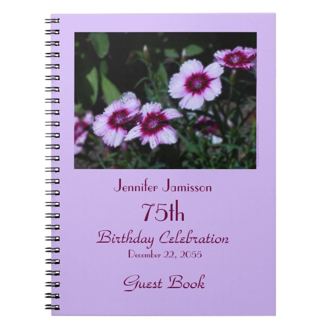 75th Birthday Party Guest Book, Purple Flowers Notebook (Front)