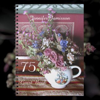 75th Birthday Party Guest Book, Vintage Teapot Notebook