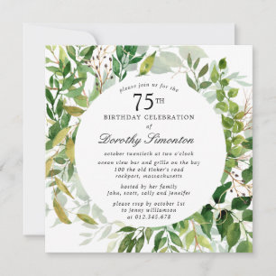 75th Birthday Party Modern Green Botanical  Invitation
