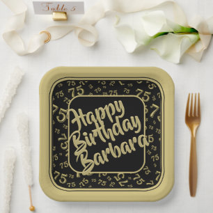 75th Birthday Party Number Pattern Black Gold Paper Plate