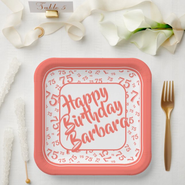 75th Birthday Party Number Pattern Coral White Paper Plate (Wedding)