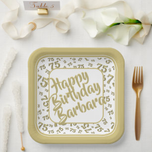 75th Birthday Party Number Pattern Gold White Paper Plate