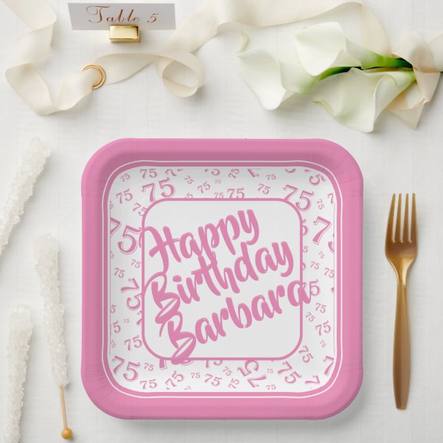 75th Birthday Party Number Pattern Pink White Paper Plate (Wedding)