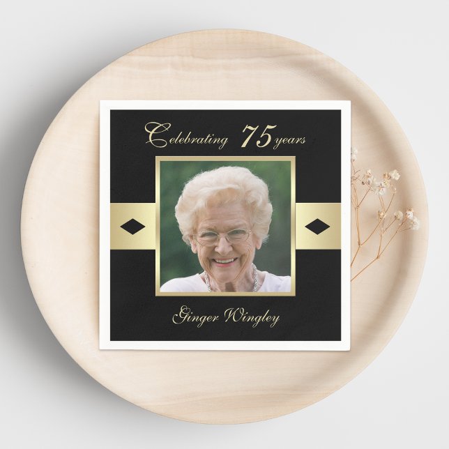 75th Birthday Party Photo on Black Paper Napkin (Creator Uploaded)