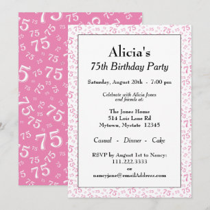 75th Birthday Party Pink and White Number Pattern Invitation