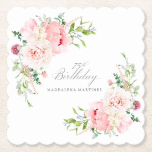 75th Birthday Party Pink Floral Custom Paper Coaster