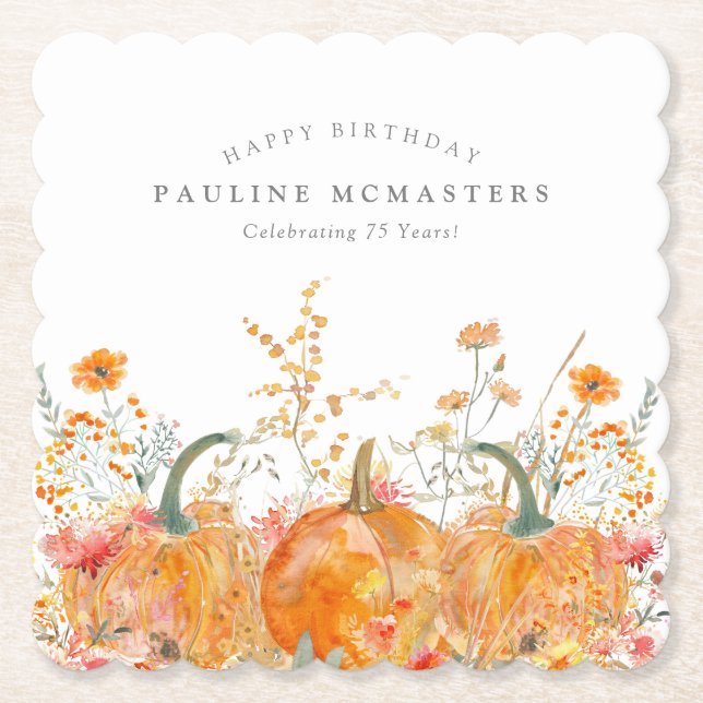75th Birthday Party Pumpkin Wildflower Custom Paper Coaster (Front)