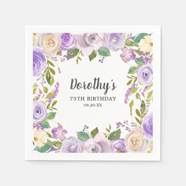 75th Birthday Party Purple Floral Monogram  Napkin (Front)