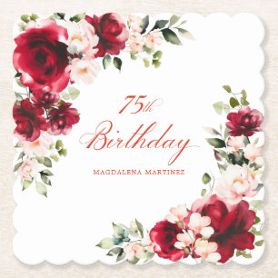 75th Birthday Party Red Pink Floral Custom Paper Coaster