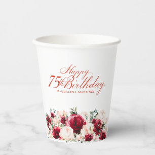 75th Birthday Party Red Rose Pink Peony Custom Paper Cups