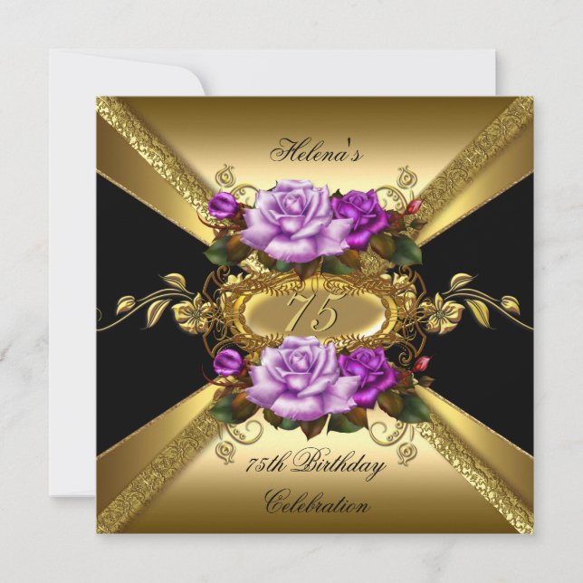 75th Birthday Party Roses Purple Gold Black Invitation (Front)