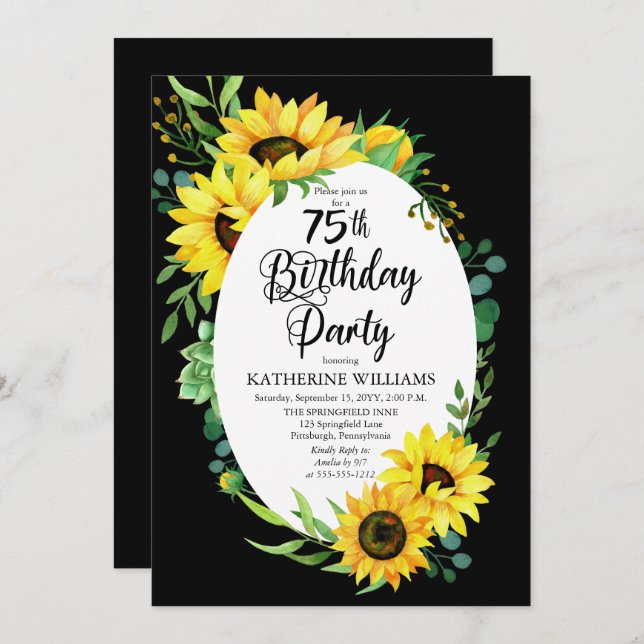 75th Birthday Party Sunflower | Eucalyptus Floral Invitation (Front/Back)