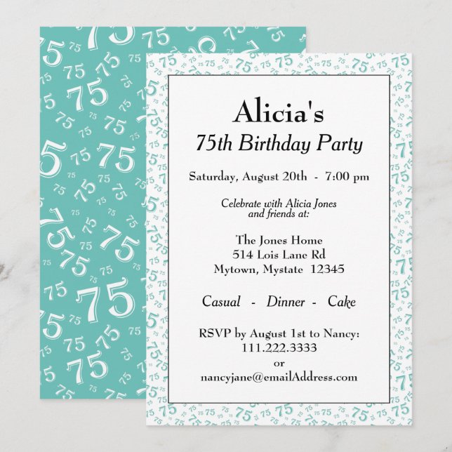 75th Birthday Party Teal/White Number Pattern Invitation (Front/Back)