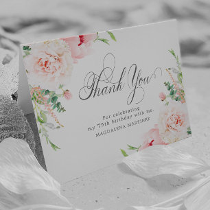 75th Birthday Photo Blush Pink Floral Folded Thank You Card