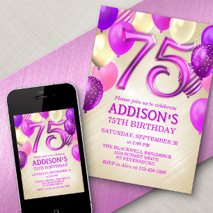 75th Birthday Pink Balloons Invitation