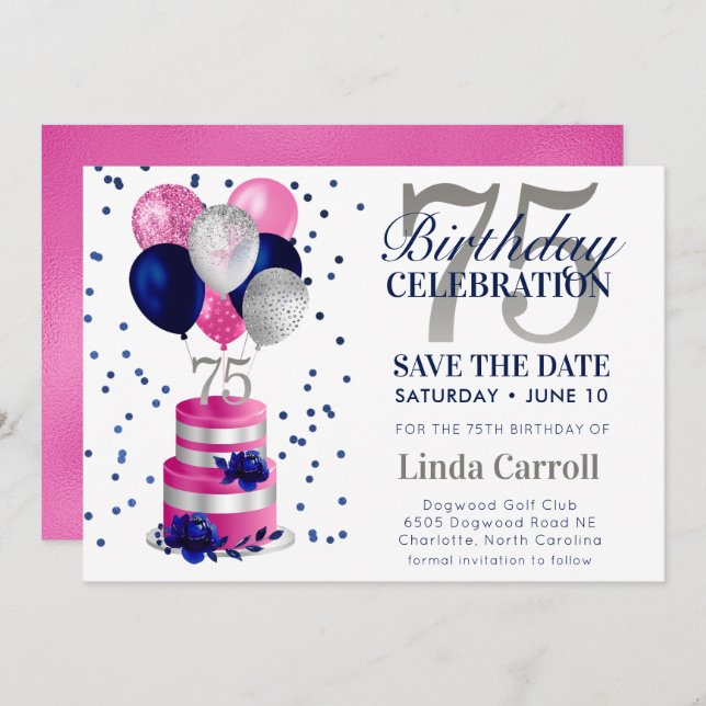 75th Birthday Pink Cake Save The Date Invitation (Front/Back)