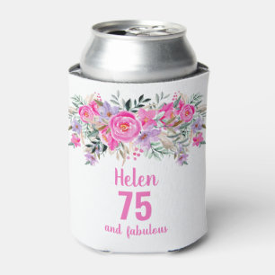 75th birthday pink floral can cooler