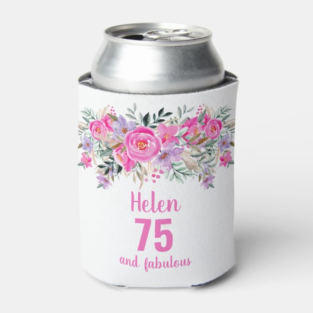 75th birthday pink floral can cooler (Can Front)