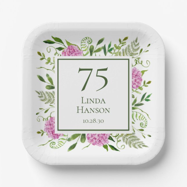 75th Birthday Pink Hydrangeas Paper Plate (Front)