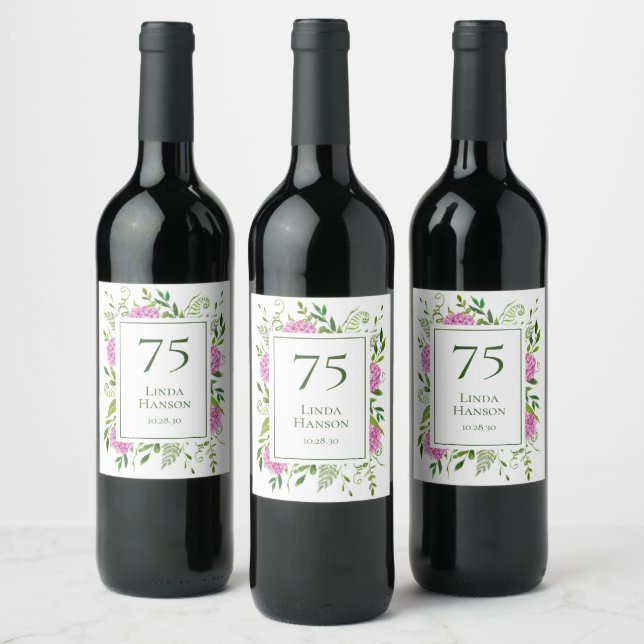 75th Birthday Pink Hydrangeas Wine Label (Bottles)
