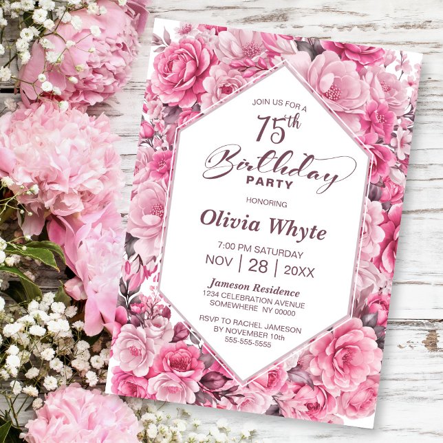 75th Birthday Pink Rose Floral Party Invitation (Creator Uploaded)