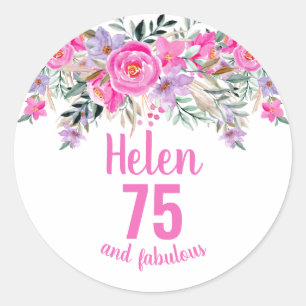 75th birthday pink watercolor floral classic round sticker