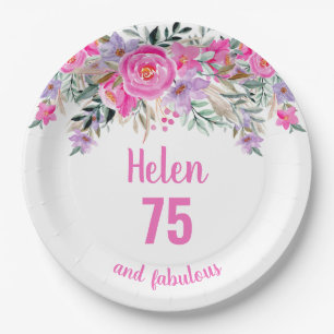 75th birthday pink watercolor floral  paper plate