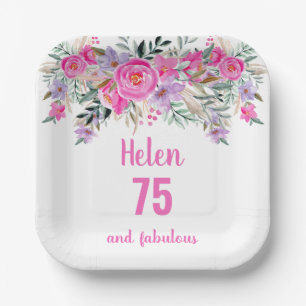75th birthday pink watercolor floral  paper plate