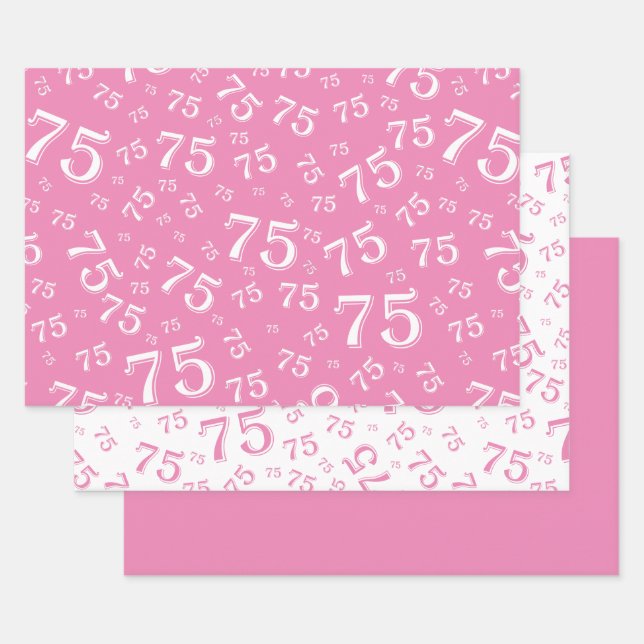 75th Birthday Pink & White Number Pattern 75 Wrapping Paper Sheet (Set)