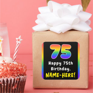 75th Birthday: Rainbow Spectrum # 75, Custom Name Square Sticker
