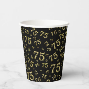 75th Birthday Random Number Pattern Black/Gold 75 Paper Cups