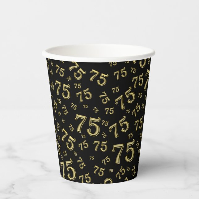 75th Birthday Random Number Pattern Black/Gold 75 Paper Cups (Front)